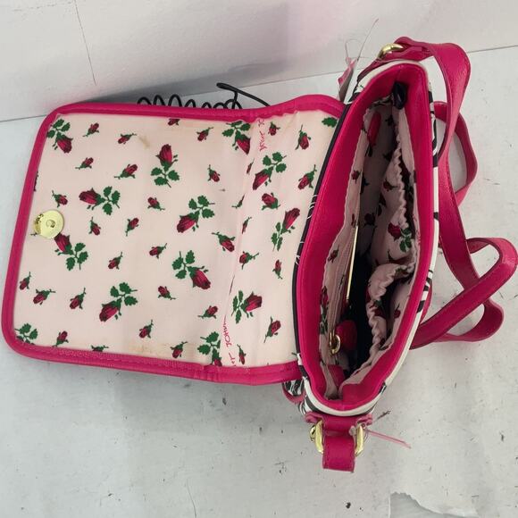 Betsey Johnson Retro Telephone Pink/Black Striped Floral Top Handle Bag Womens - Picture 3 of 6